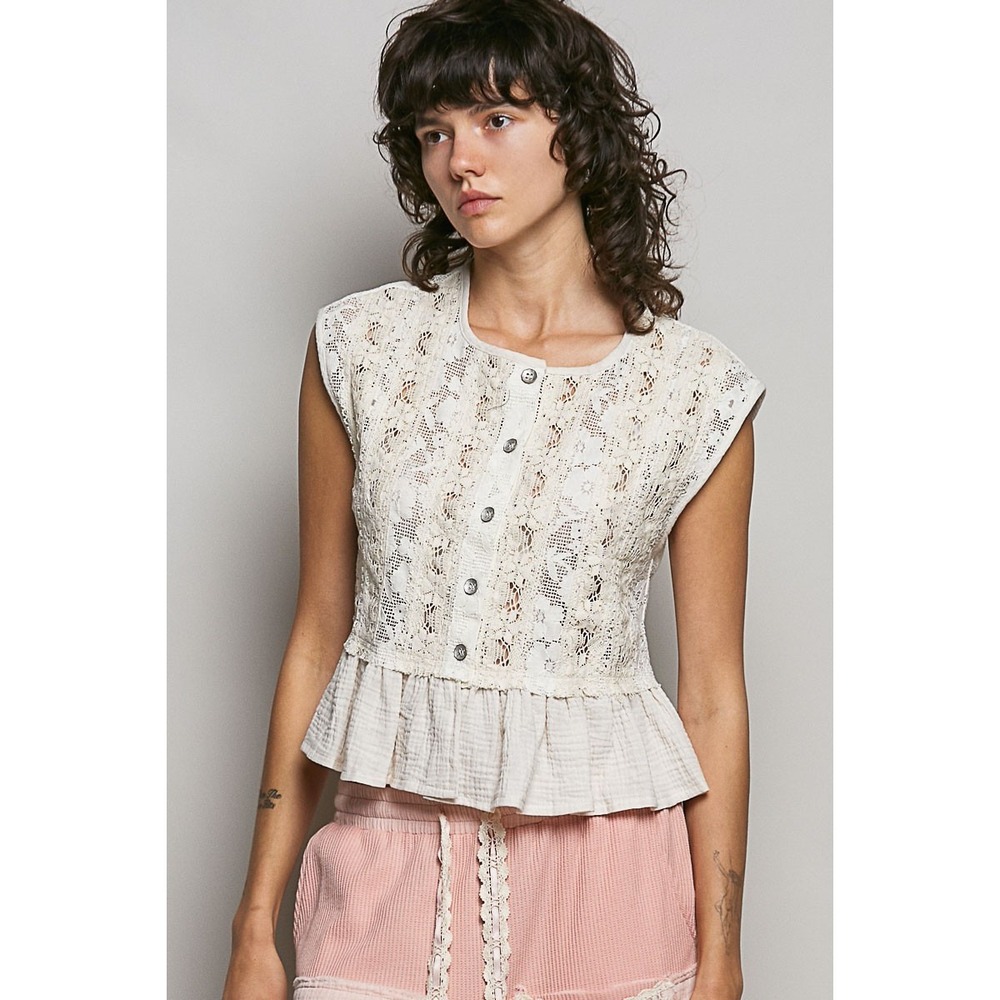 POL Round Neck‎ Lace Sleeveless Top with Double Gauze Ruffle - Small